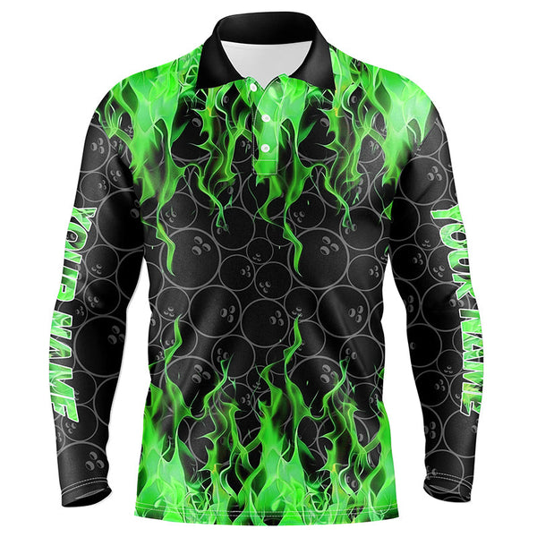 Maxcorners Black And Green Flame Ball Pattern Bowling Jersey Customized Name, Team Name 3D Shirt Unisex