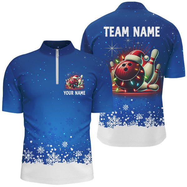 Maxcorners Christmas bowling Polo, Quarter Zip shirts For Men Custom Xmas Team Bowling Jerseys | Blue