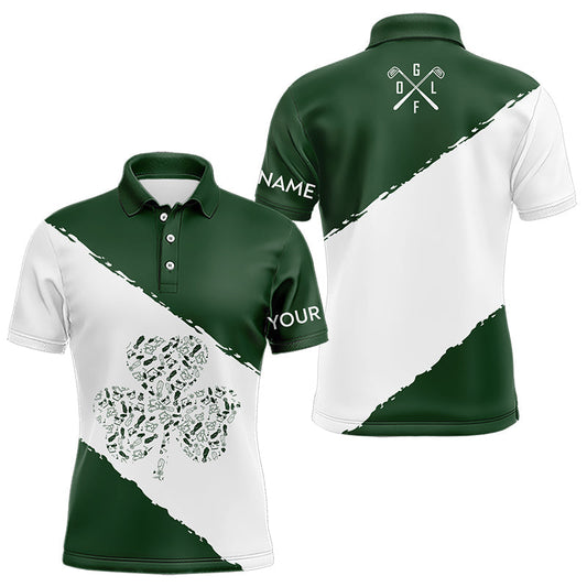 Maxcorners Green And White Shamrock Men And Women Golf Polo Shirts Customize Name St Patrick Day Golf Apparel For Men