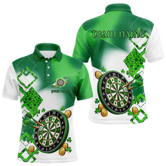Maxcorners Green Shamrock Mens Darts Polo, Quarter Zip Shirts Custom St Patrick Day Team League Darts Jersey