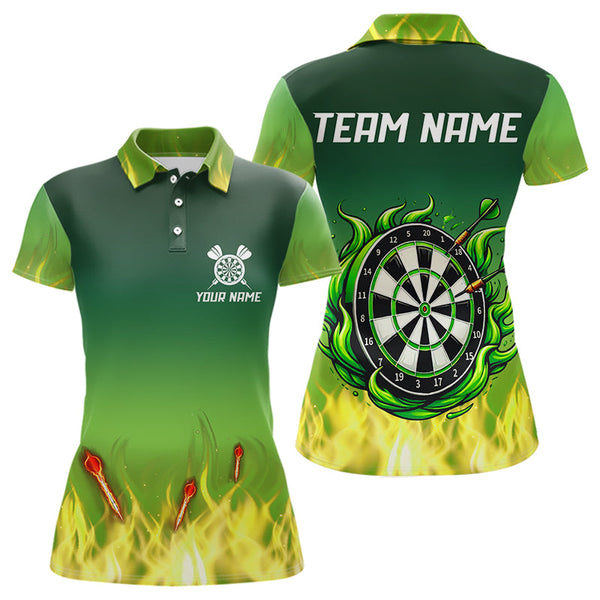 Maxcorners Personalized Yellow Green Flame Darts Polo, Quarter Zip Shirts For Men Custom Fire Team Darts Jerseys