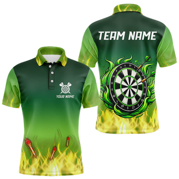 Maxcorners Personalized Yellow Green Flame Darts Polo, Quarter Zip Shirts For Men Custom Fire Team Darts Jerseys