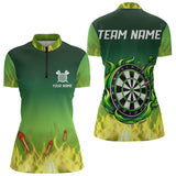 Maxcorners Personalized Yellow Green Flame Darts Polo, Quarter Zip Shirts For Men Custom Fire Team Darts Jerseys