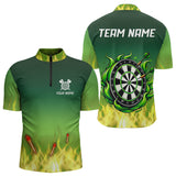 Maxcorners Personalized Yellow Green Flame Darts Polo, Quarter Zip Shirts For Men Custom Fire Team Darts Jerseys
