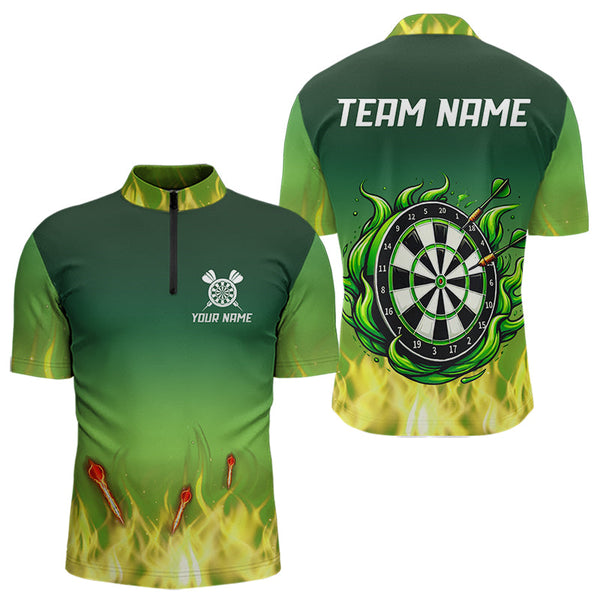 Maxcorners Personalized Yellow Green Flame Darts Polo, Quarter Zip Shirts For Men Custom Fire Team Darts Jerseys