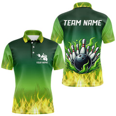Maxcorners Personalized Yellow Green Flame Bowling Polo, Quarter Zip Shirts For Men Custom Team Bowling Jersey