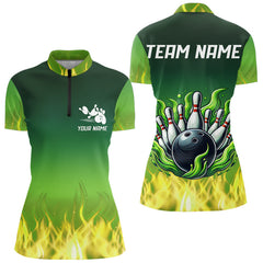 Maxcorners Personalized Yellow Green Flame Bowling Polo, Quarter Zip Shirts For Men Custom Team Bowling Jersey