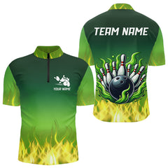 Maxcorners Personalized Yellow Green Flame Bowling Polo, Quarter Zip Shirts For Men Custom Team Bowling Jersey