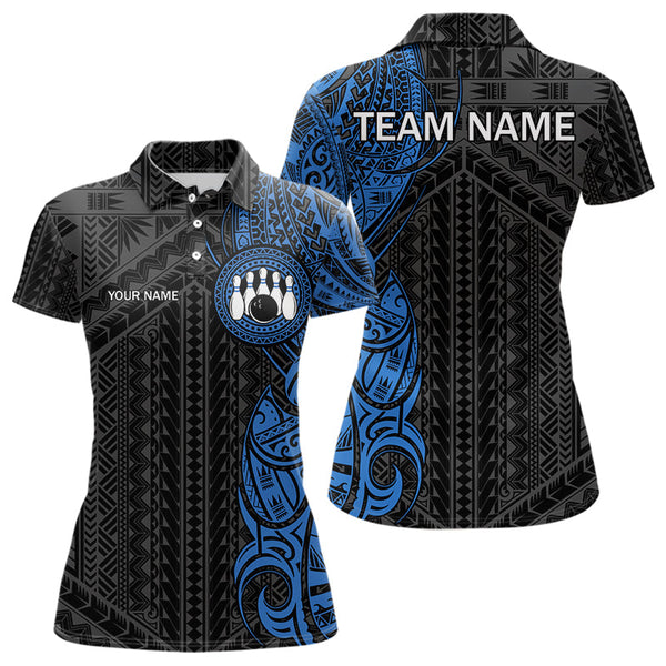 Maxcorners Black And Blue Tribal Pattern Mens Bowling Shirts Custom Bowling Outfit Men Team Bowling League Jersey