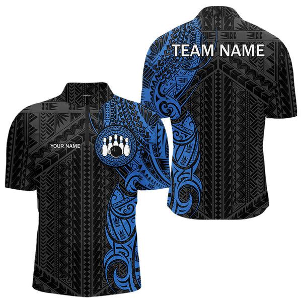 Maxcorners Black And Blue Tribal Pattern Mens Bowling Shirts Custom Bowling Outfit Men Team Bowling League Jersey