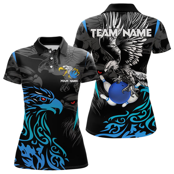 Maxcorners Black And Blue Tribal Eagle Bowling Polo, Quarter Zip Shirts For Men Custom Eagle Bowling Team Shirt