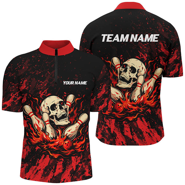 MaxCorners Bowling And Pin Red Camo Skull Flame Customized Name 3D Stand Collar Zipper Polo Shirt Unisex