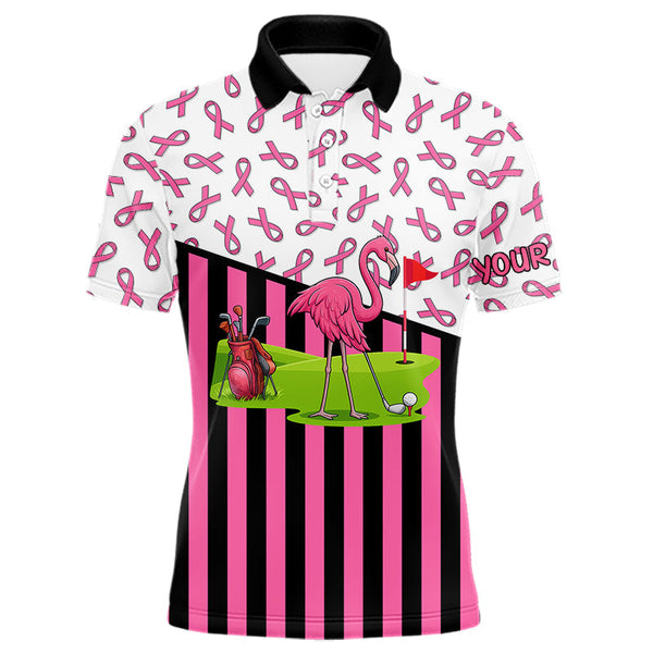 Maxcorners Pink ribbon pattern flamingo Men golf polo shirts Custom breast cancer awareness golf outfit for men LM3006