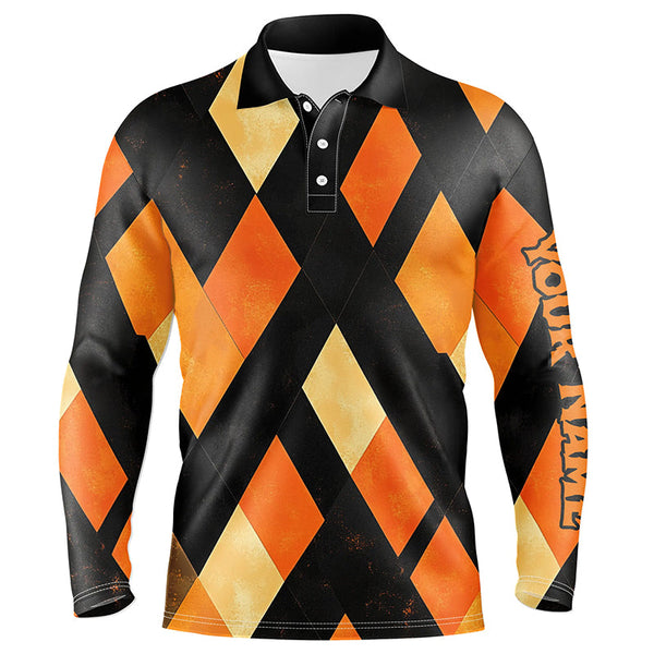 Maxcorners Black and orange argyle pattern Men golf polo shirts custom Halloween golf shirts for men