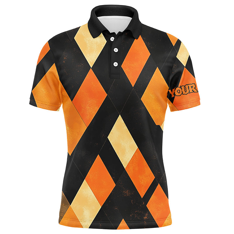 Maxcorners Black and orange argyle pattern Men golf polo shirts custom Halloween golf shirts for men