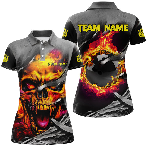 Maxcorners Flame Skull  Bowling Jersey Customized Name, Team Name 3D Polo Shirt