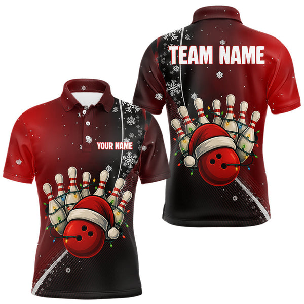 Maxcorners Custom Funny Christmas Bowling Shirts For Men, Black and Red Gradient Xmas Bowling Outfit Bowler Gift TU1609