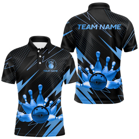 Maxcorners Custom Black and Blue Bowling Polo, Quarter Zip Shirts for Men, Team Bowling League Jersey LM1610