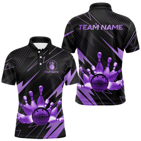 Maxcorners Custom Black and Purple Bowling Polo, Quarter Zip Shirts for Men, Team Bowling League Jersey LM1610