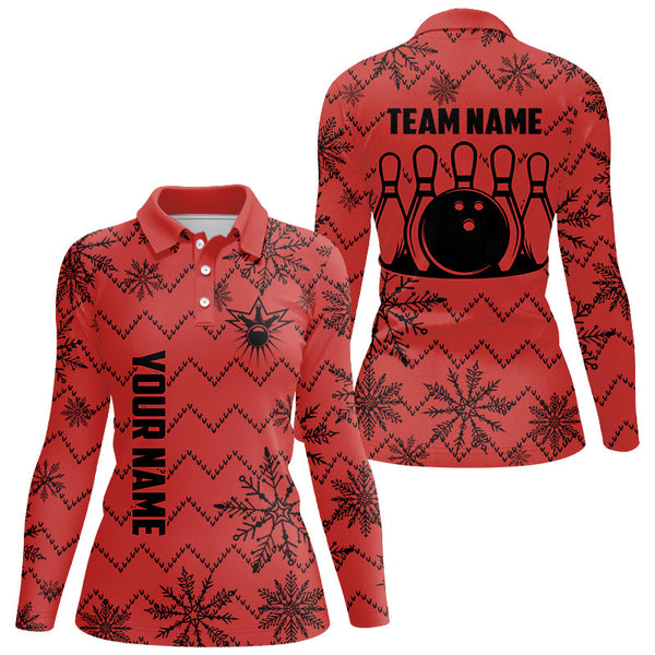 Maxcorners Red Ugly Christmas snowflake pattern Women Bowling Polo, 1/4 zip shirt Custom Xmas Team Bowling Jersey