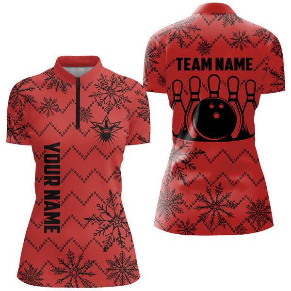 Maxcorners Red Ugly Christmas snowflake pattern Women Bowling Polo, 1/4 zip shirt Custom Xmas Team Bowling Jersey