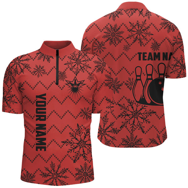 Maxcorners Red Ugly Christmas snowflake pattern Men Bowling Polo, 1/4 zip shirts Custom Xmas Team Bowling Jersey