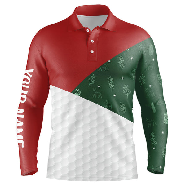 Maxcorners Red, White and Green Christmas pattern Mens golf polo shirt custom Christmas golf outfits for mens