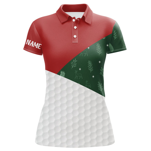 Maxcorners Red, White and Green Christmas pattern Women golf polo shirts custom Christmas golf outfits for ladies