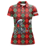 Maxcorners Funny Skull Christmas argyle plaid pattern Women golf polo shirt custom Christmas ladies golf outfits