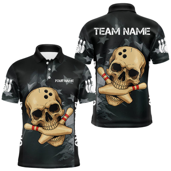 Maxcorners Personalized Black American Flag Skull Bowling Shirts For Men Custom Team's Name Skull Bowler Jerseys MT1511