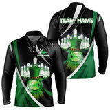 Maxcorners Black And Green St Patrick Day Bowling Polo, Quarter Zip Shirts For Men And Women Custom Team Bowling Jerseys
