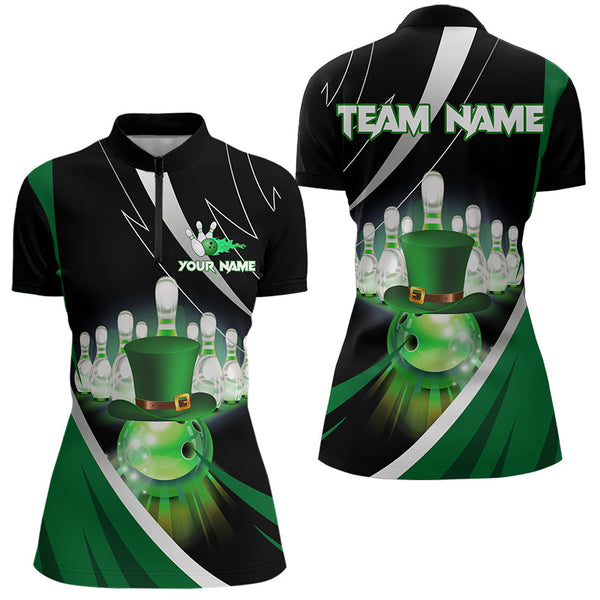 Maxcorners Black And Green St Patrick Day Bowling Polo, Quarter Zip Shirts For Men And Women Custom Team Bowling Jerseys