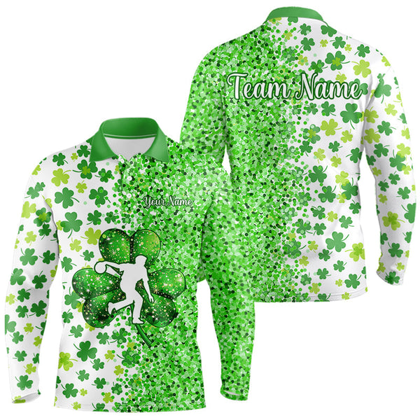 Maxcorners Green Glitter Shamrock Clover Bowling Shirts For Men Custom St Patrick Day Bowling Team Jerseys