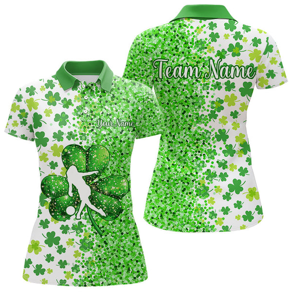 Maxcorners Green Glitter Shamrock Clover Bowling Shirts For Men Custom St Patrick Day Bowling Team Jerseys