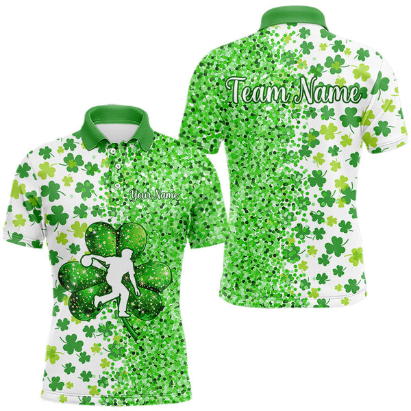Maxcorners Green Glitter Shamrock Clover Bowling Shirts For Men Custom St Patrick Day Bowling Team Jerseys