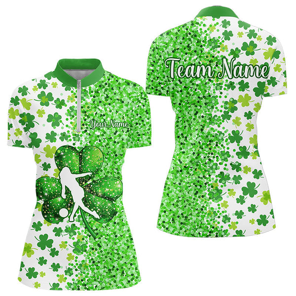 Maxcorners Green Glitter Shamrock Clover Bowling Shirts For Men Custom St Patrick Day Bowling Team Jerseys