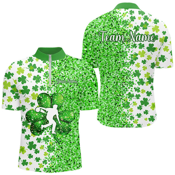 Maxcorners Green Glitter Shamrock Clover Bowling Shirts For Men Custom St Patrick Day Bowling Team Jerseys