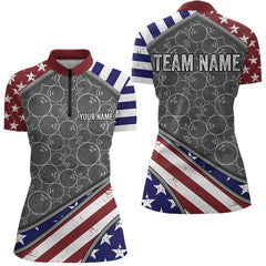 Maxcorners American Flag Gray Camo Bowling Polo, Quarter Zip Shirts For Men And Women Custom Patriotic Team Bowling Jersey