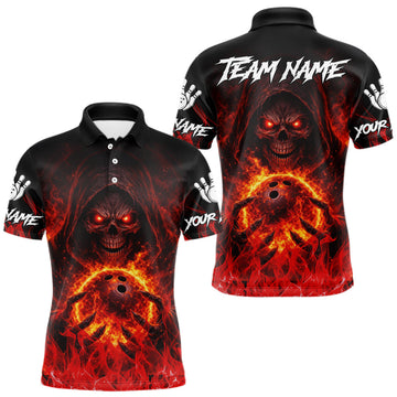 Maxcorners Black And Red Flame Skull Reaper Men's Bowling Shirts, Personalized bowling outfit men bowling jersey LM1501