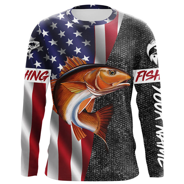 MaxCorners American Flag Patriotic Redfish Fishing Customized Name 3D Long Sleeve Shirt