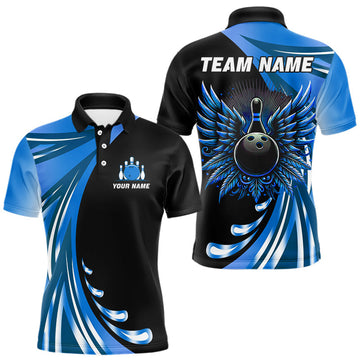 Maxcorners Black and Blue Bowling Ball and Pins wings Bowling Shirts for Men Custom Team Bowling Jerseys LM1203