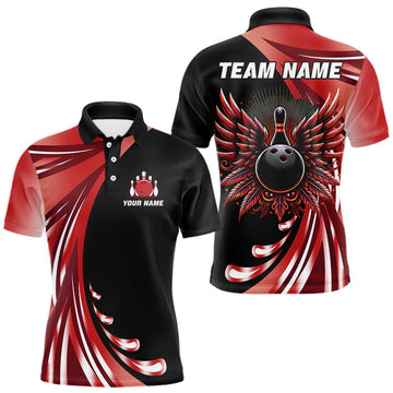 Maxcorners Black and Red Bowling Ball and Pins wings Bowling Shirts for Men Custom Team Bowling Jerseys LM1203