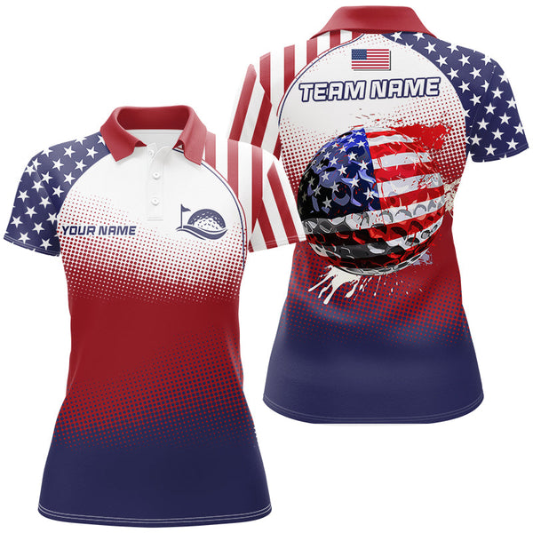 Maxcorners Red, white and blue American Flag Golf Ball Golf Polo Shirt For Women custom Patriotic ladies golf top