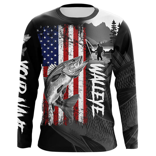 Maxcorners American Flag Walleye Fishing Custom long sleeve performance Fishing Shirts, Walleye fishing jerseys MT2108