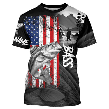 Maxcorners American Flag Bass Fishing Custom long sleeve performance Fishing Shirts, Bass fishing jerseys MT2108