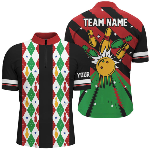 Maxcorners Christmas Argyle Pattern Bowling Jersey Customized Name, Team Name 3D Shirt Unisex