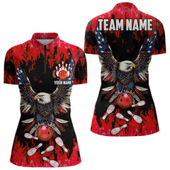 Maxcorners Red Flame Mens Bowling Shirts Custom American Flag Eagle Team Bowling Shirts, Gift For Bowlers