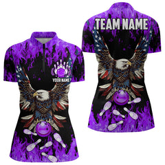 Maxcorners Purple Flame Mens Bowling Shirts Custom American Flag Eagle Team Bowling Shirts, Gift For Bowlers