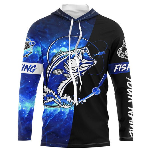 Maxcorners Bass Fishing tattoo blue galaxy black Custom name performance UV protection long sleeve fishing shirts LM0201
