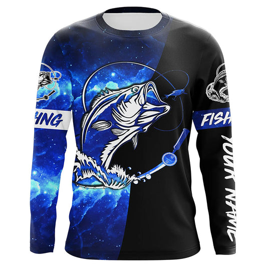 Maxcorners Bass Fishing tattoo blue galaxy black Custom name performance UV protection long sleeve fishing shirts LM0201